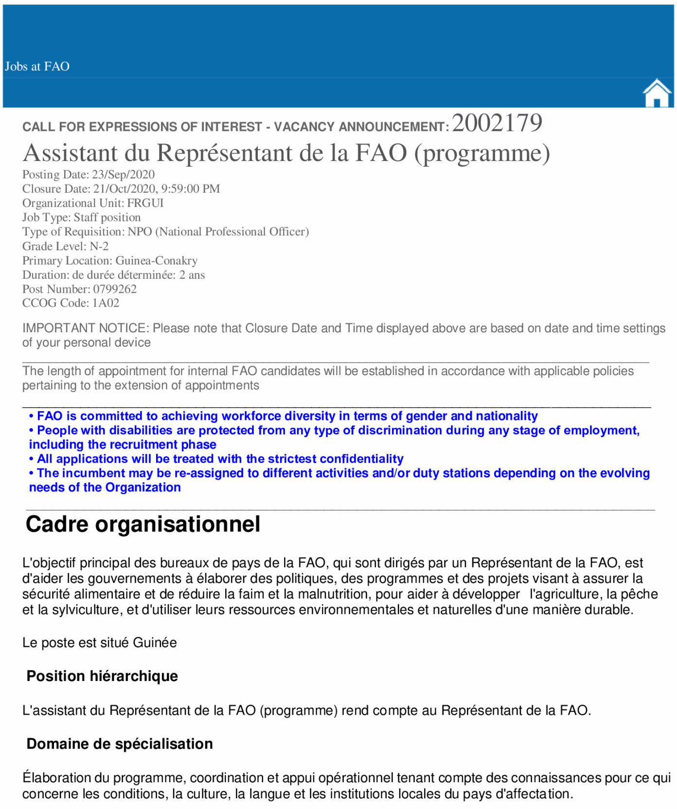 Avis De Recrutement Dun Assistant Du Repr Sentant De La Fao Programme